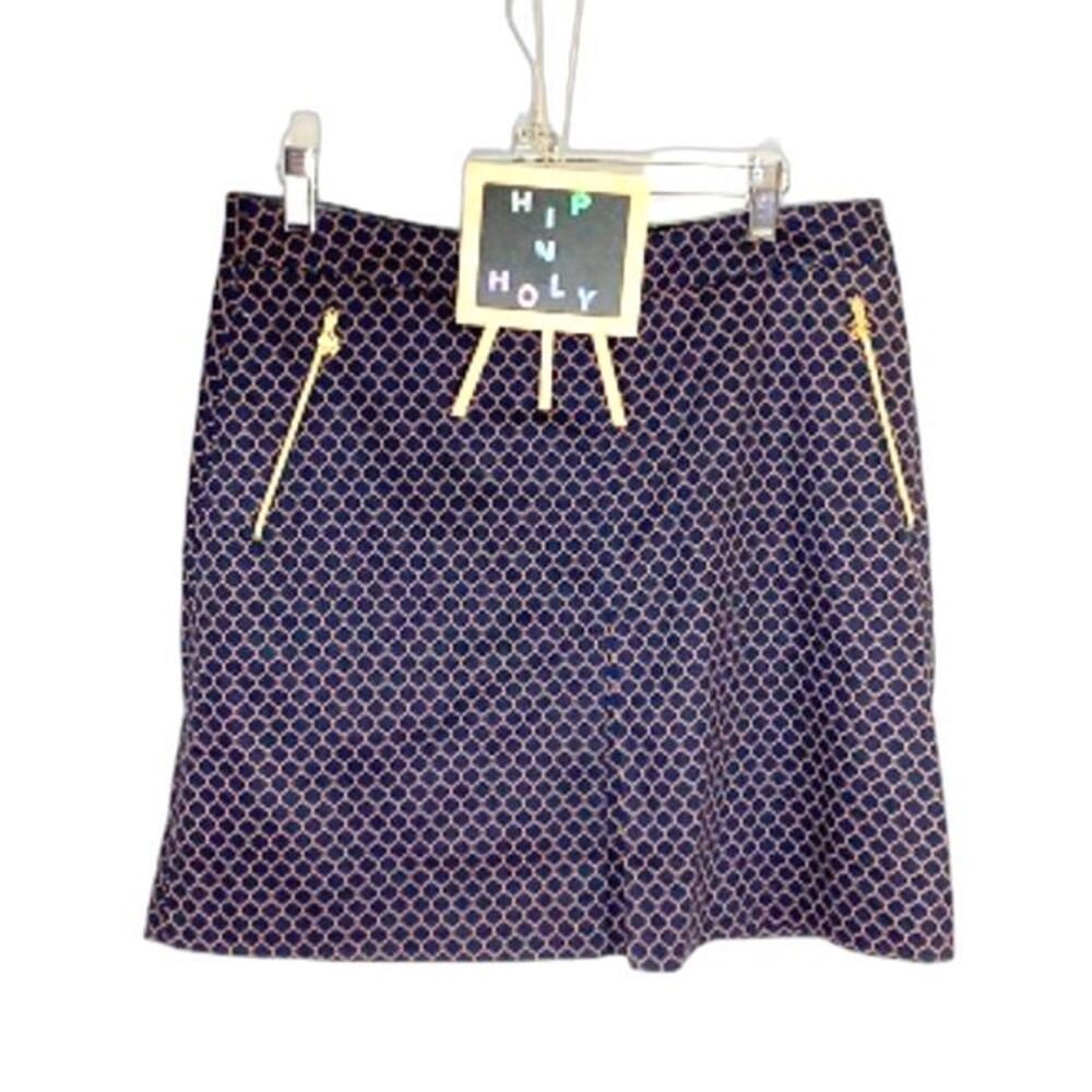Bobby Jones Clover Lattice Print Classy Golf Skort Navy Blue Gold Accent Size 4